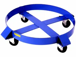 Compact round drum dolly that fits the bottom of drums, allowing operators to manually push the drum around.