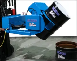 An automated fork mount drum handler lifts a large drum off of the ground.