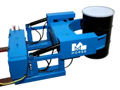 An automated fork mount drum handler lifts a large drum off of the ground.