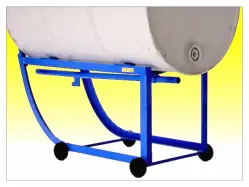 Close up detail of blue drum cradle truck to make transportation of drums easy.