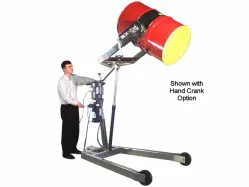 A man operating a stainless steel hydra lift karrier raising a red barrel