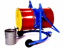 a blue mobile drum carrier holding a large red barrel drum