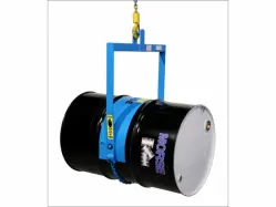 Black drum held by a blue below hook drum handler, for drum handling and transportation.