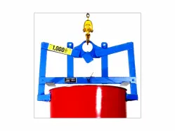 Detail of a below hoist/hook drum handling system, gripping the top of a red drum.
