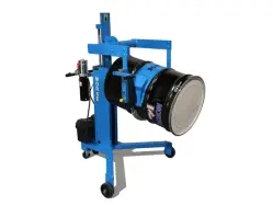 A blue Drum Palletizer with Geared Tilt to control drum pouring, tilting a barrel on its side